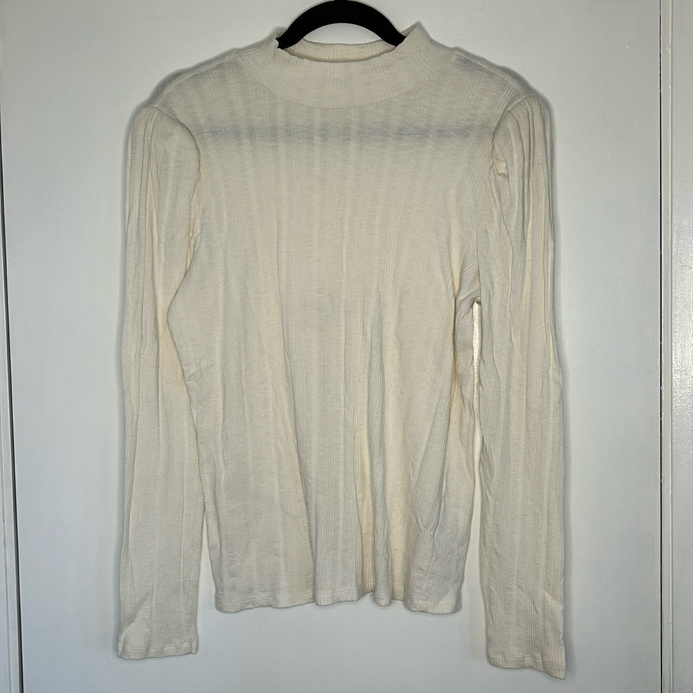 A.N.A Women's Cream Ribbed High‎ Neck Puff Long Sleeve Slim Fit Shirt Sz XL